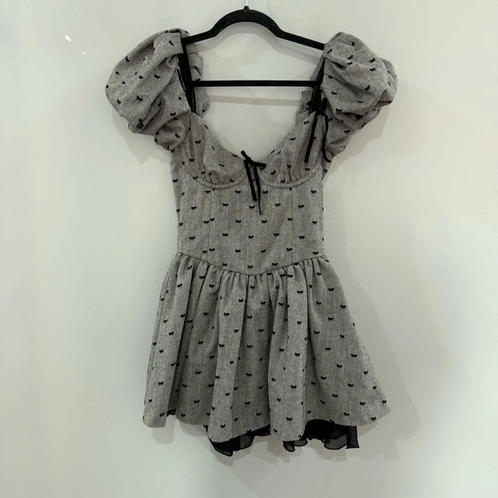 For Love And Lemons Dress Twill Bow Print Drop Waisted Mini in Grey - Picture 5 of 7